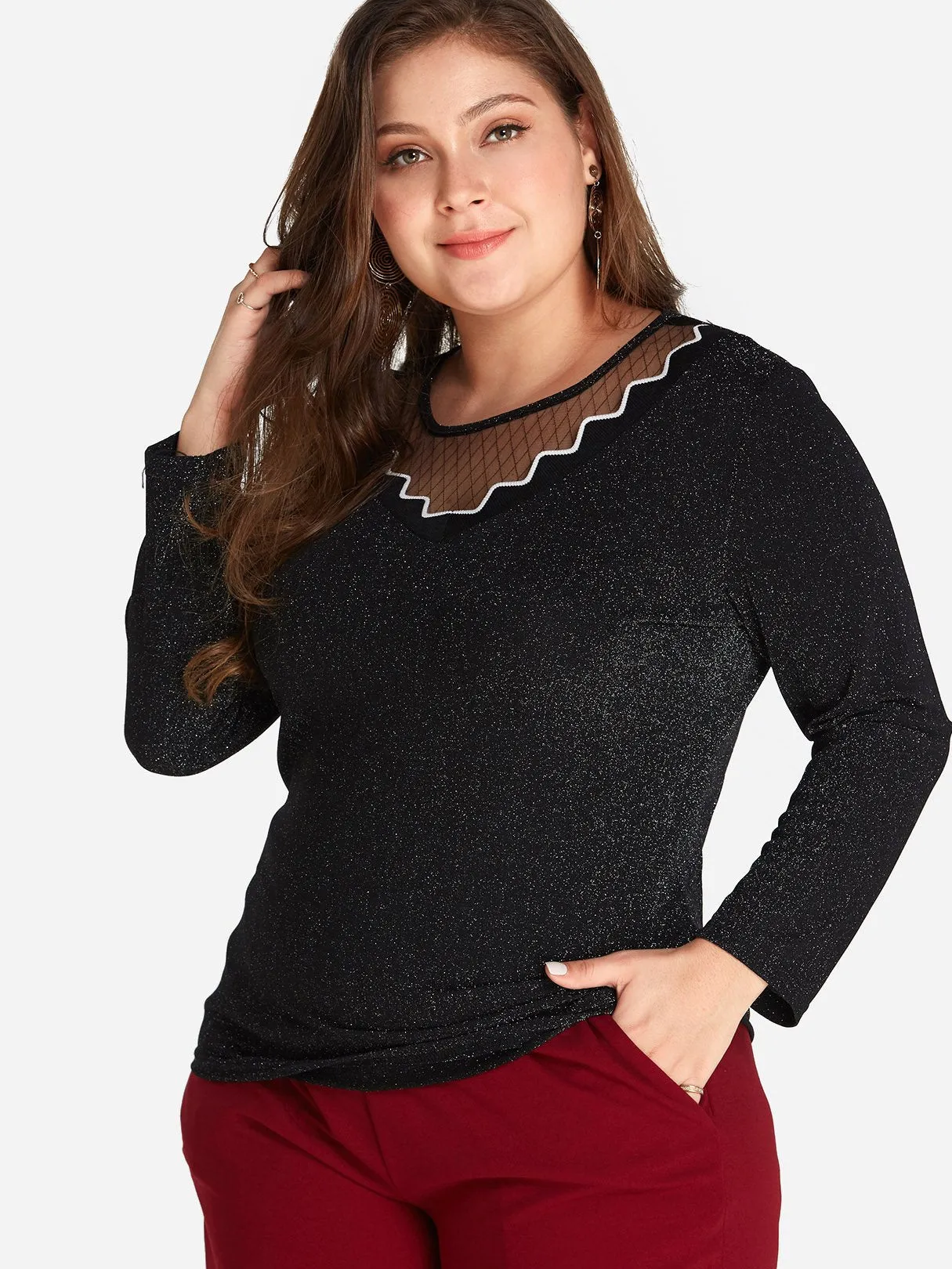 OEM ODM Round Neck Plain Long Sleeve Black Plus Size Tops