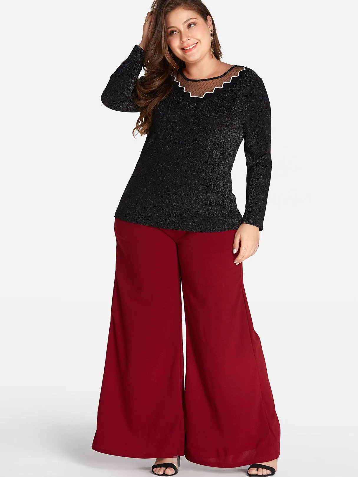 OEM ODM Round Neck Plain Long Sleeve Black Plus Size Tops