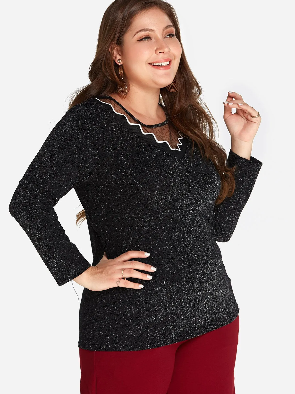 OEM ODM Round Neck Plain Long Sleeve Black Plus Size Tops
