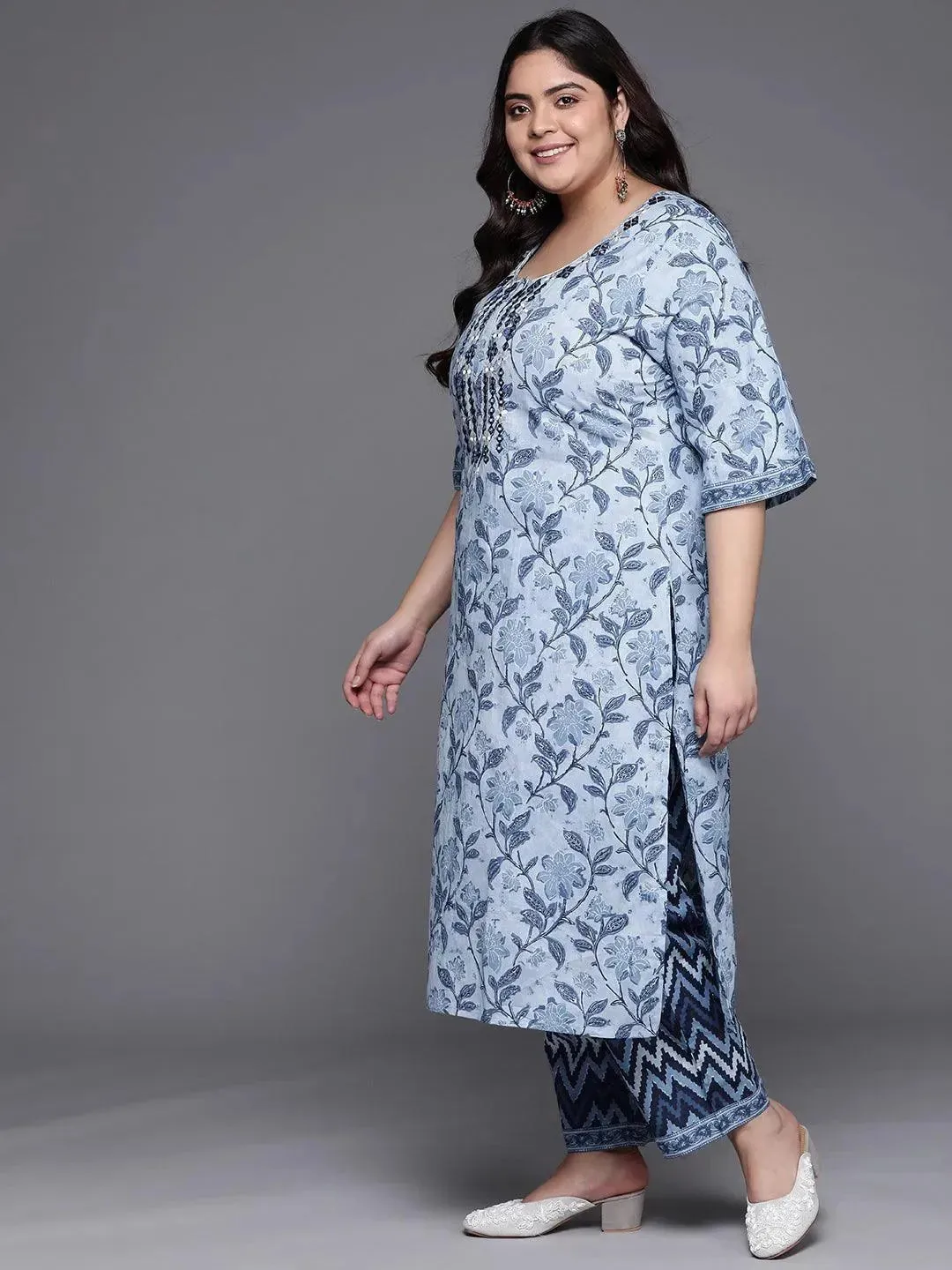 Plus Size Blue Printed Cotton Straight Kurta With Dupatta