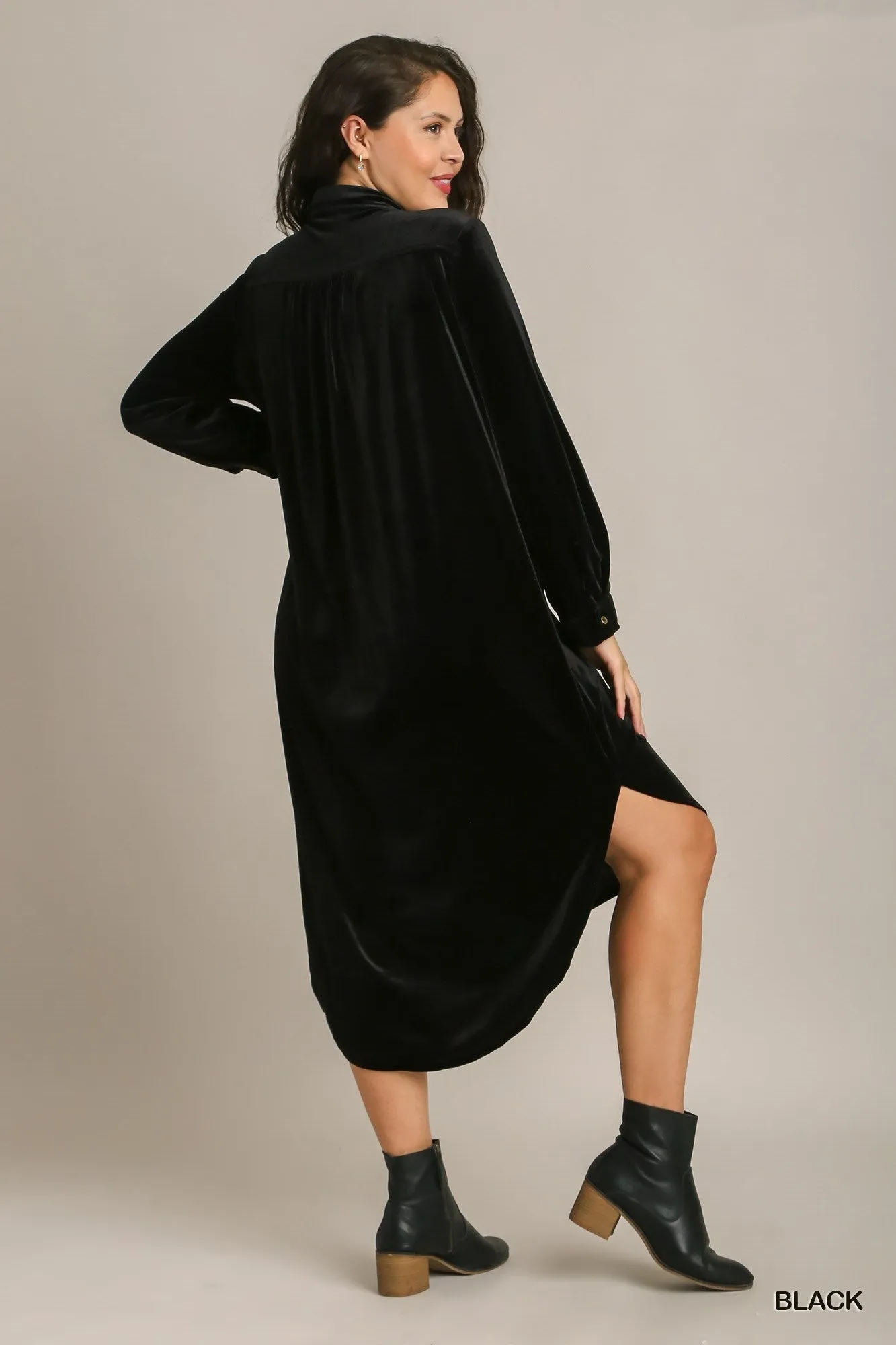 Velvet Midi Shirt Dress in Black
