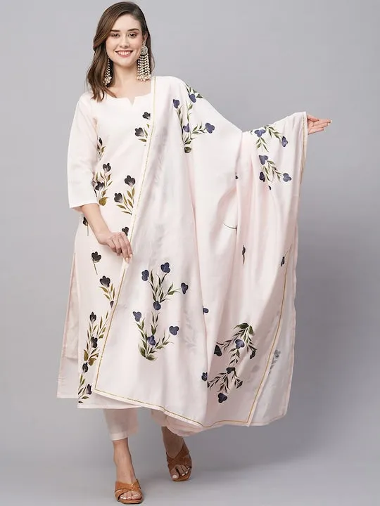 Women Floral Printed Straight Kurta with Trousers & Dupatta